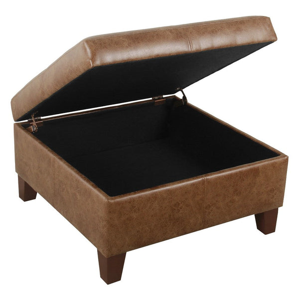 Benzara Leo Square Storage Ottoman Distressed Brown Faux Leather 28 Inch -BM334225