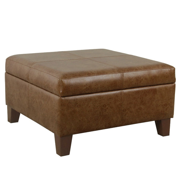 benzara Leo Square Storage Ottoman Distressed Brown Faux Leather 28 Inch -BM334225