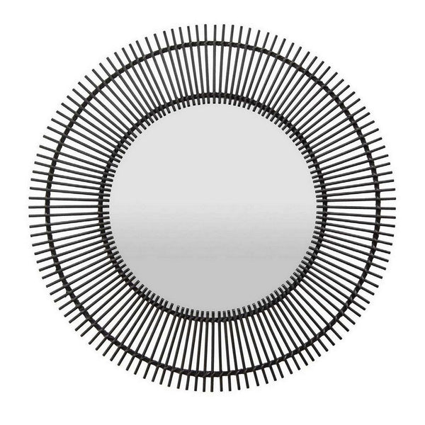 Benzara Leom Accent Wall Mirror 43 Inch Round Decor Radial Black Wood Frame -BM331451