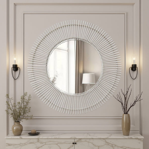 benzara Leom Accent Wall Mirror 43 Inch Round Decor Radial White Wood Frame -BM331452