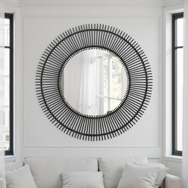 benzara Leom Accent Wall Mirror 43 Inch Round Decor Radial Black Wood Frame -BM331451