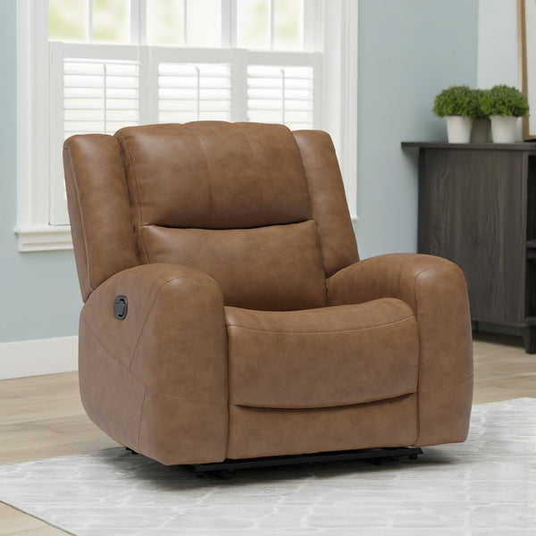 benzara Leos Manual Recliner Chair Contour Armrest Wood Frame Brown Leather -BM321114
