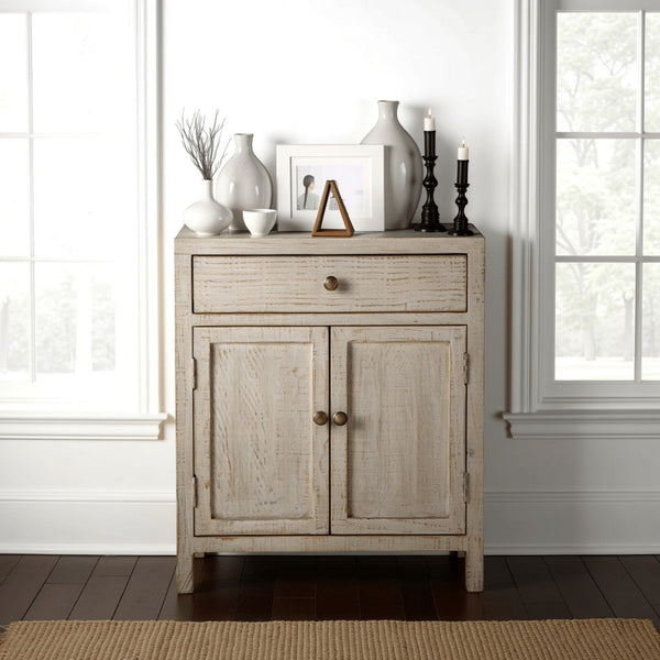 benzara Lia Small Accent Cabinet 2 Door Drawer Antique Style Whitewash Wood -BM326523