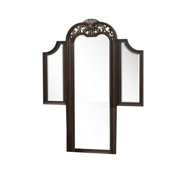 Benzara Liana 64 Inch Vanity Table Mirror 3 Panels Crown Carvings And Scrollwork - BM309489