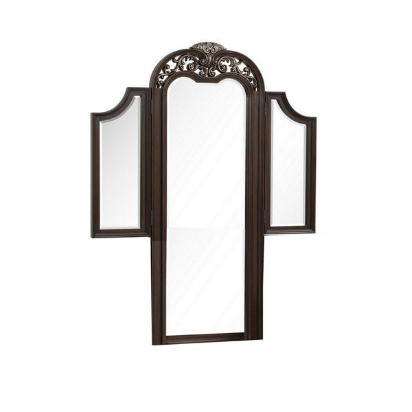 benzara Liana 64 Inch Vanity Table Mirror 3 Panels Crown Carvings and Scrollwork - BM309489