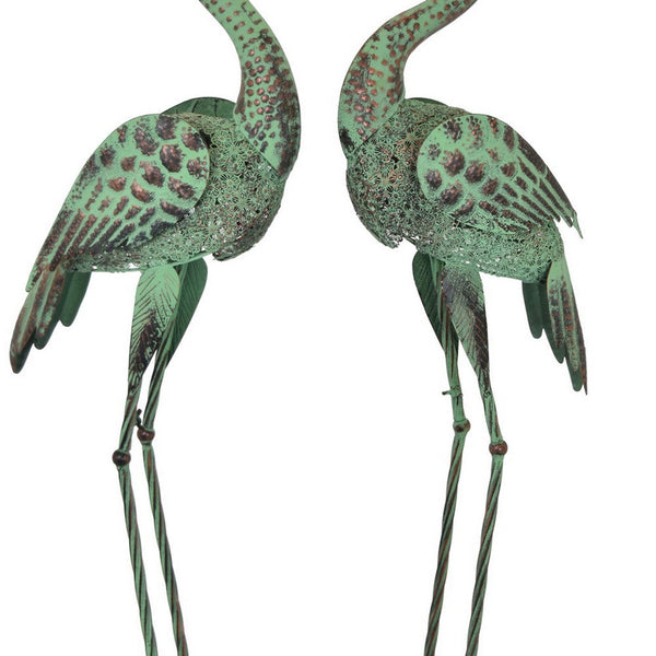 Benzara Lifelike Crane Statues Set Of 2 Green Metal For Indoor Outdoor Decor -BM324533