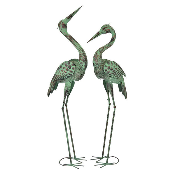 benzara Lifelike Crane Statues Set of 2 Green Metal for Indoor Outdoor Decor -BM324533
