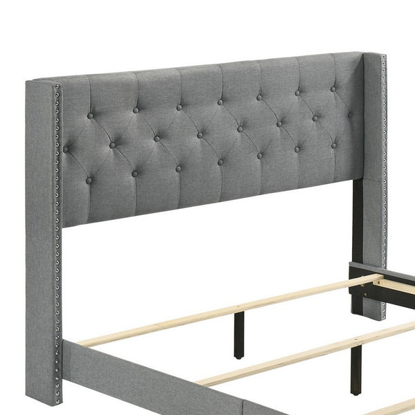 Benzara Lih Modern Wingback Queen Bed Button Tufted Headboard Nailhead Trim Gray - BM300848