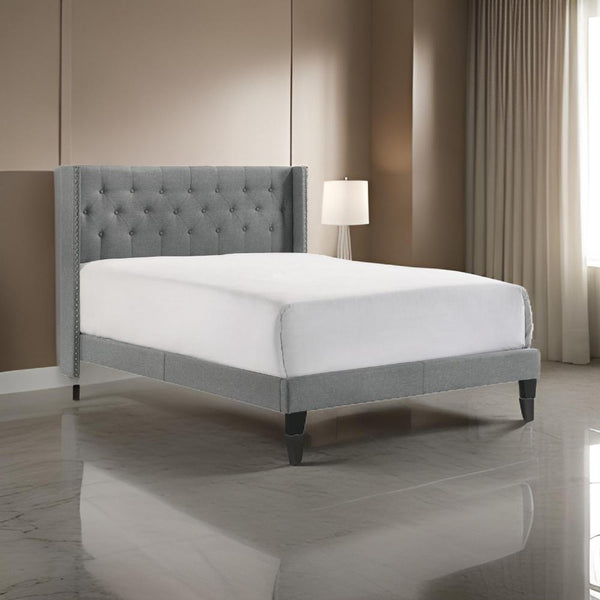 benzara Lih Modern Wingback Queen Bed Button Tufted Headboard Nailhead Trim Gray - BM300848