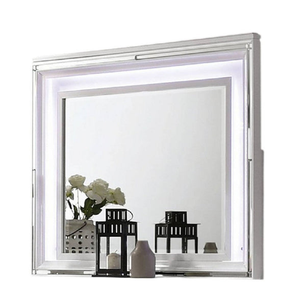 Benzara Lin Dresser Mirror With LED Lights 47 Inch White Solid Wood Frame -BM332633