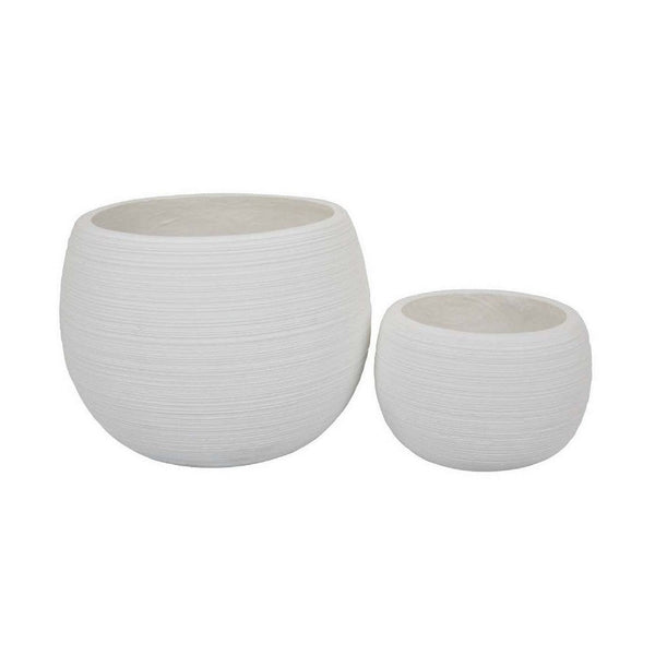 Benzara Line 10 Inch Planter Set Of 2 Round Resin Body Carved White Finish - BM309741