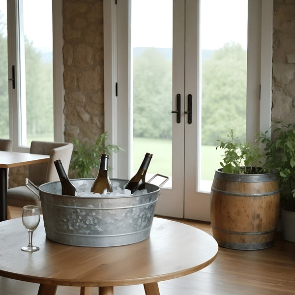 Benzara Lola Embossed Design Oval Shape Galvanized Steel Tub With Side Handles Small Silver - BM195212