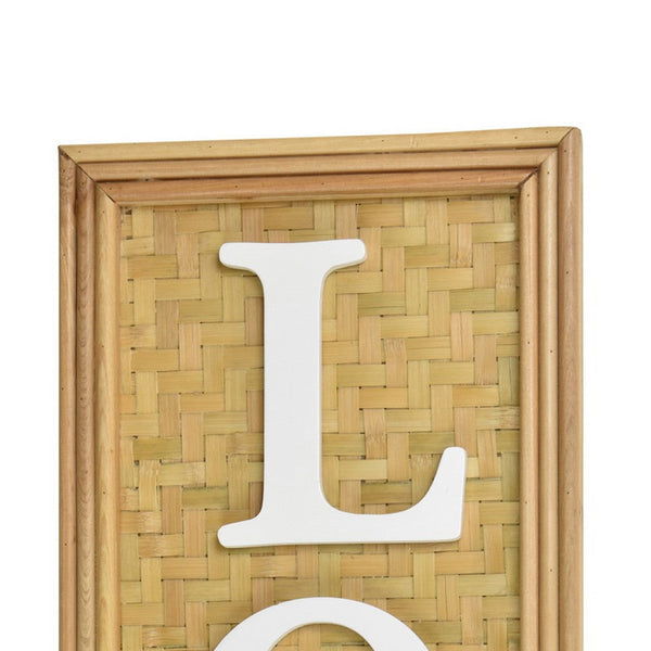 Benzara Love Wall Decor Sign 10x28 Inch Brown Wood Background White Woven -BM324549