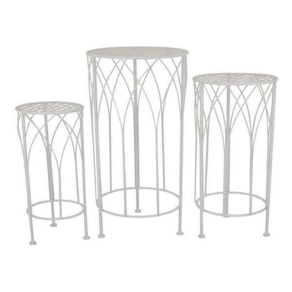 Benzara Lyi Plant Stand Table Set Of 3 Round Carved Cutout Wired Base White Metal - BM315610