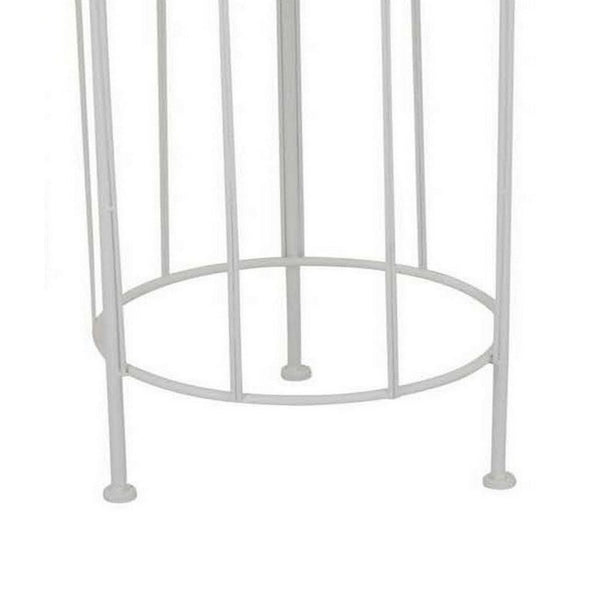 Benzara Lyi Plant Stand Table Set Of 3 Round Carved Cutout Wired Base White Metal - BM315610