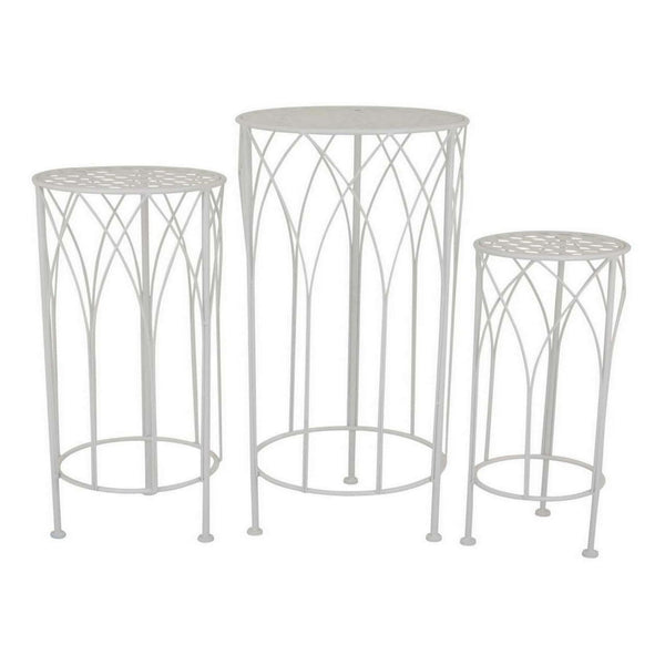 benzara Lyi Plant Stand Table Set of 3 Round Carved Cutout Wired Base White Metal - BM315610