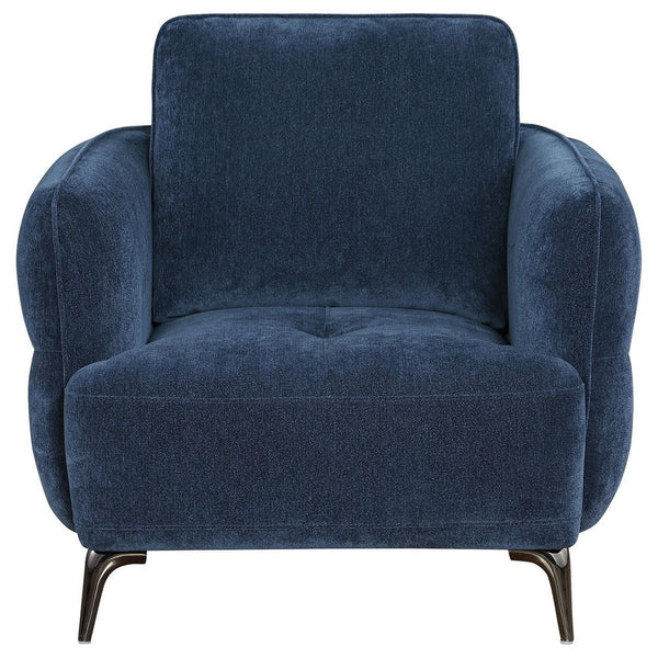 Benzara Lyk Armchair 38 Inch Plush Navy Blue Fabric Sleek Modern Nickel Legs -BM330067