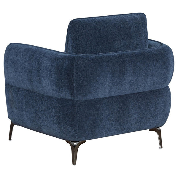 Benzara Lyk Armchair 38 Inch Plush Navy Blue Fabric Sleek Modern Nickel Legs -BM330067