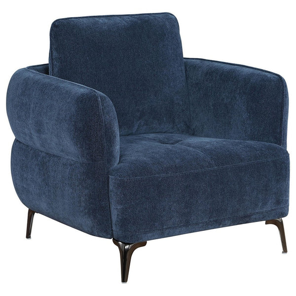 benzara Lyk Armchair 38 Inch Plush Navy Blue Fabric Sleek Modern Nickel Legs -BM330067