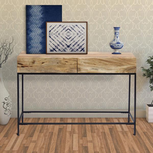 benzara Mango Wood and Metal Console Table With Two Drawers Brown - UPT-39270
