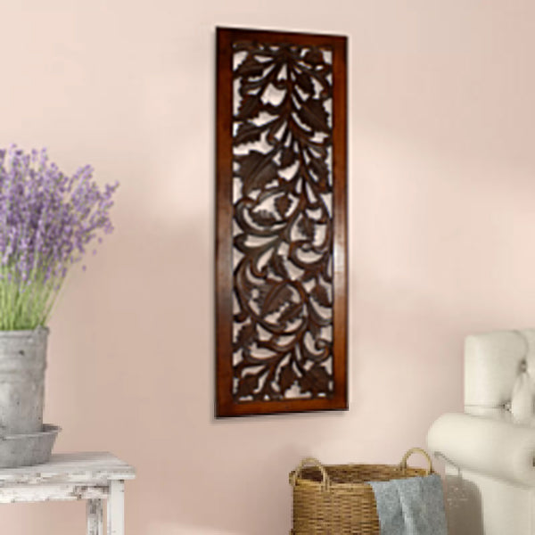benzara Mango Wood Wall Panel Hand Crafted with Leaves and Scroll Work Motif Brown - BM80949