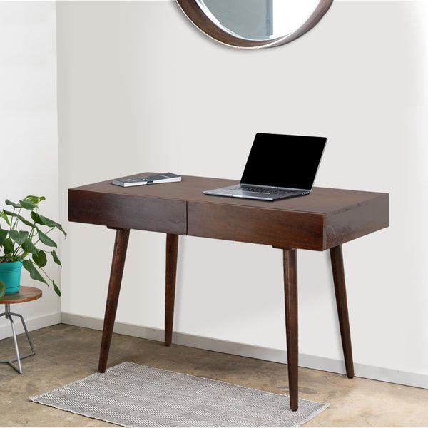 benzara Mango Wood Writing Desk with Two Drawers and Tapered Legs Brown - UPT-186126