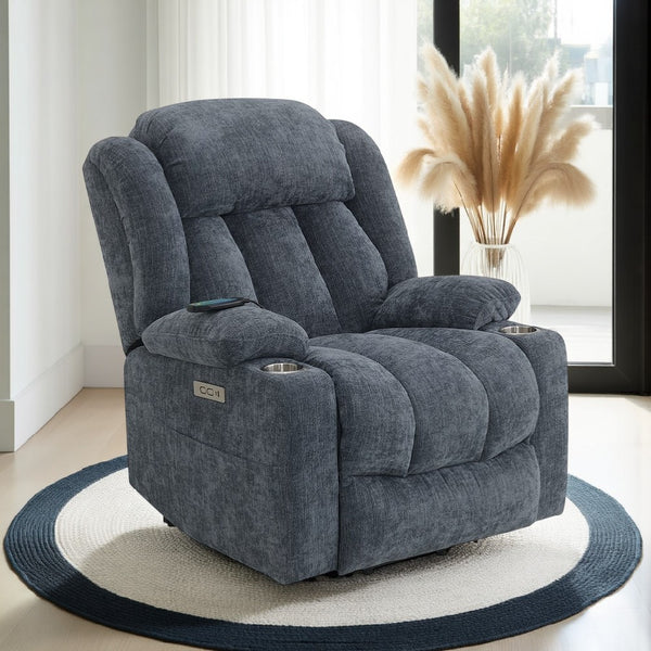 benzara Mario Power Recliner Chair with Lift Heating Massage Blue Velvet -BM324343