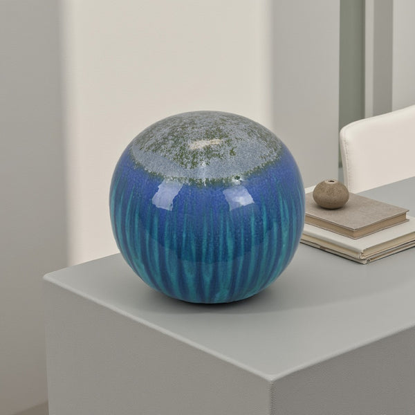 benzara Mary Tabletop Accent Decor Modern Round Orb 12 Inch Blue Ceramic -BM331029