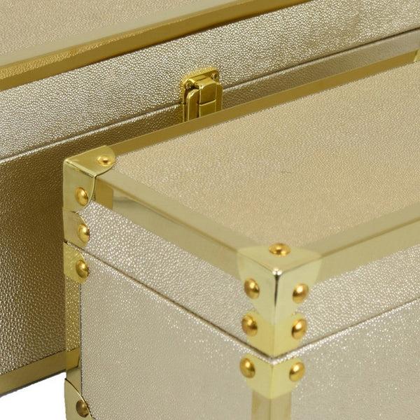 Benzara Mecca Storage Box Set Of 2 Rivet Accents Gold Metal Trim Gold Wood -BM324656