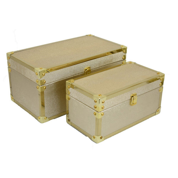 benzara Mecca Storage Box Set of 2 Rivet Accents Gold Metal Trim Gold Wood -BM324656