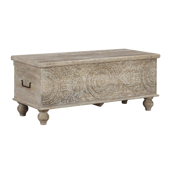 Benzara Medallion Pattern Wooden Storage Bench Hinged Opening Antique White Black - BM210821
