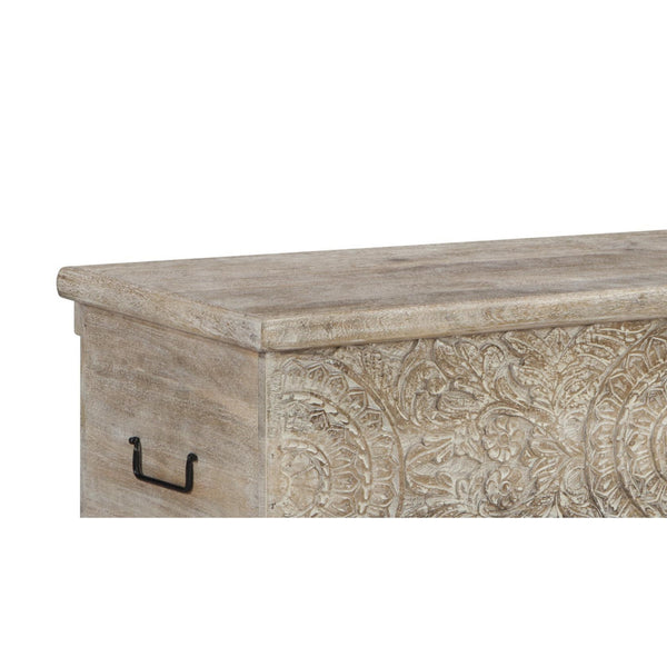 Benzara Medallion Pattern Wooden Storage Bench Hinged Opening Antique White Black - BM210821