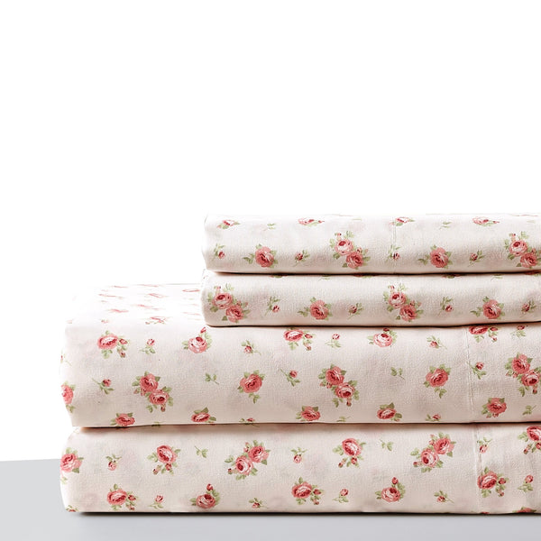 Benzara Melun 4 Piece Full Size Sheet Set With Rose Sketch Pink And White - BM202113