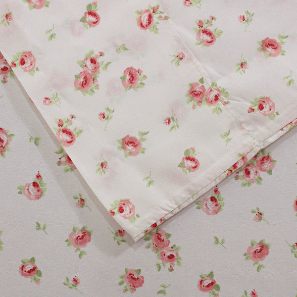 Benzara Melun 4 Piece Full Size Sheet Set With Rose Sketch Pink And White - BM202113
