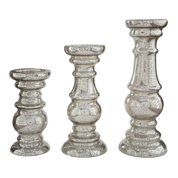 benzara Mercury Glass Candleholder with Pedestal Base Set of 3 Silver - BM230978