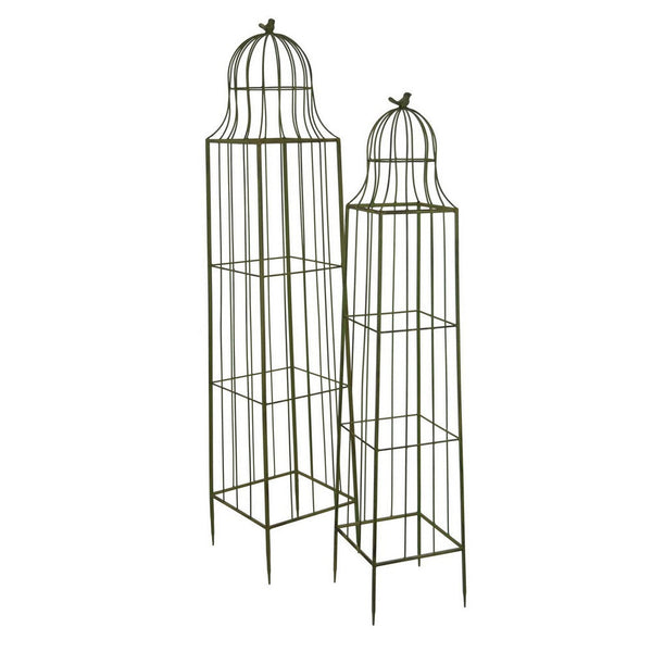 Benzara Meryl Plant Trellis Set Of 2 Garden Tall Cage Design Green Metal -BM330111