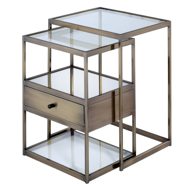 Benzara Metal And Glass 2 Piece Nesting Table Set Brown And Clear - BM157311