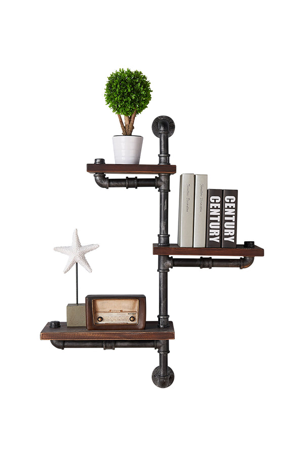 benzara Metal Body Floating Three Wall Shelves with Pipe Design Gray and Brown - BM155699