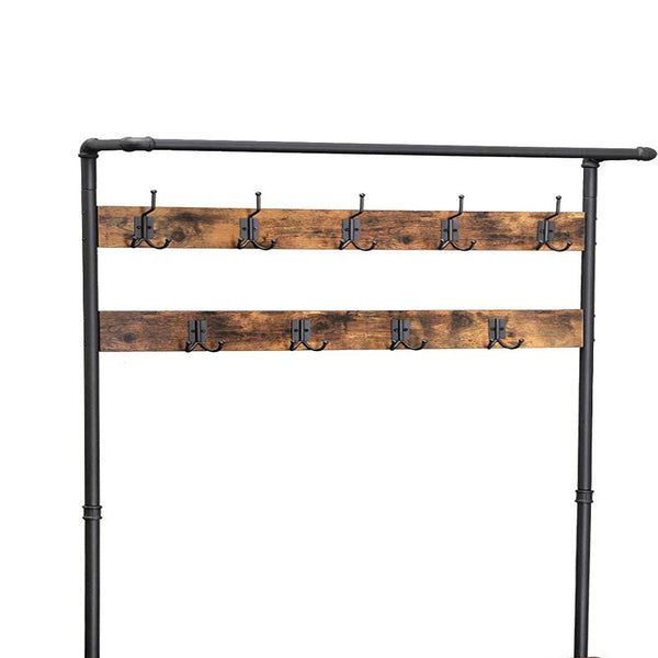 Benzara Metal Coat Rack With Wooden Bench And Two Wire Meshed Shelves Brown And Black - BM195871