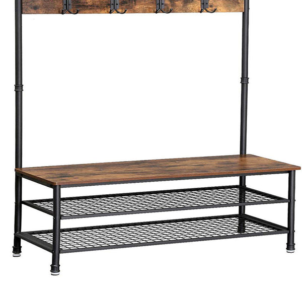 Benzara Metal Coat Rack With Wooden Bench And Two Wire Meshed Shelves Brown And Black - BM195871
