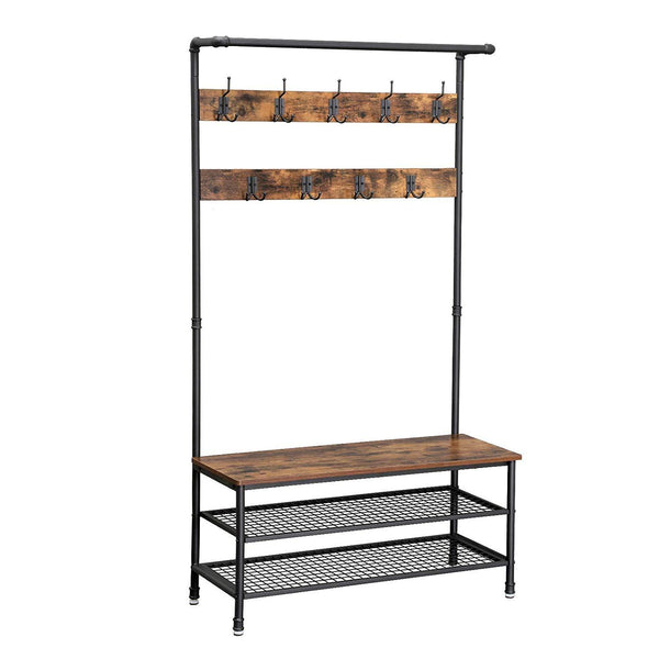 benzara Metal Coat Rack with Wooden Bench and Two Wire Meshed Shelves Brown and Black - BM195871