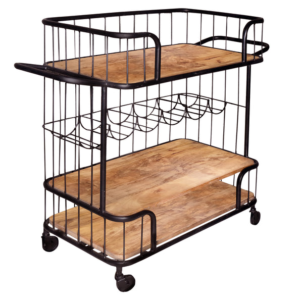 Benzara Metal Frame Bar Cart With Wooden Top And 2 Shelves Black And Brown - UPT-197314