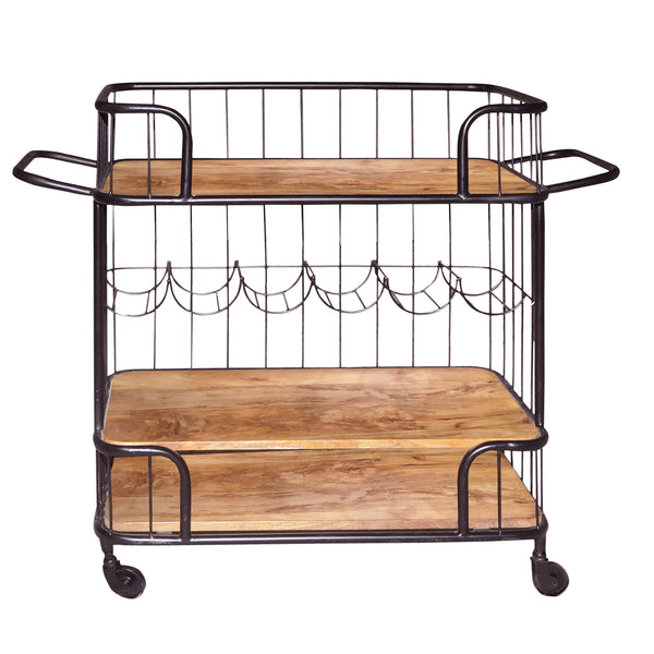 Benzara Metal Frame Bar Cart With Wooden Top And 2 Shelves Black And Brown - UPT-197314
