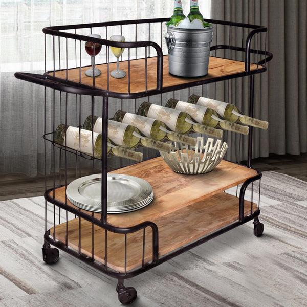 benzara Metal Frame Bar Cart with Wooden Top and 2 Shelves Black and Brown - UPT-197314