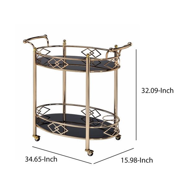 Benzara Metal Framed Serving Cart With Tempered Glass Top And Open Bottom Shelf Gold And Black - BM194345