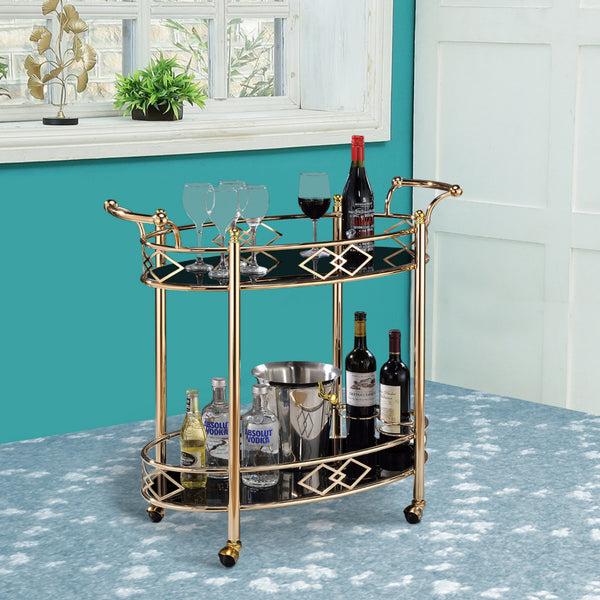benzara Metal Framed Serving Cart with Tempered Glass Top and Open Bottom Shelf Gold and Black - BM194345