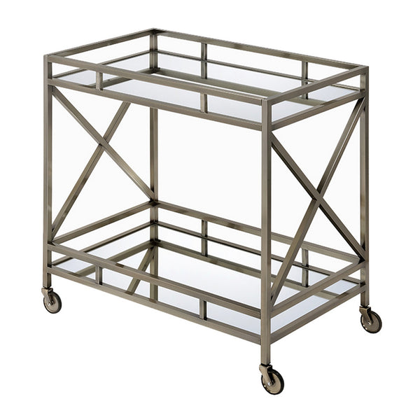 Benzara Metal Framed Two Tier Serving Cart With X Shaped Side Panels Mirrored Antique Gold - BM194346