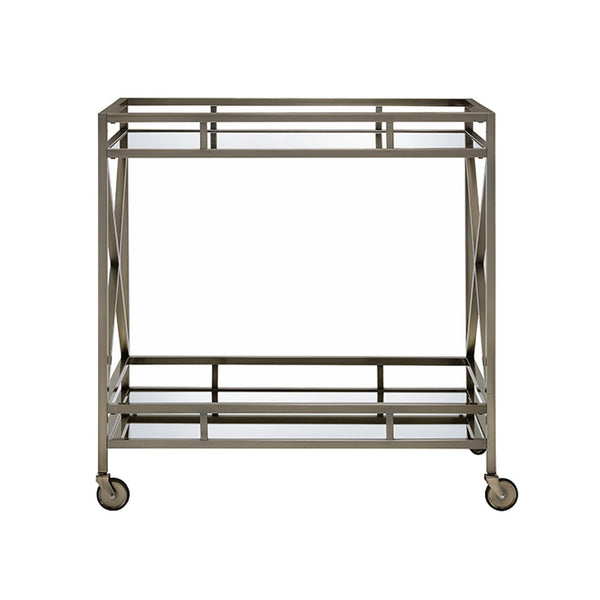 Benzara Metal Framed Two Tier Serving Cart With X Shaped Side Panels Mirrored Antique Gold - BM194346