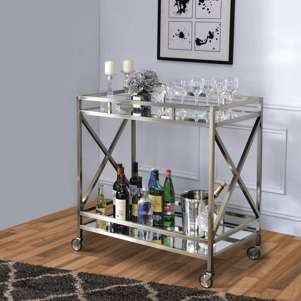 benzara Metal Framed Two Tier Serving Cart with X Shaped Side Panels Mirrored Antique Gold - BM194346