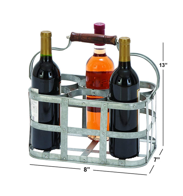 Benzara Metal Strip Wine Holder With Wooden Handle And Six Bottles Storage Gray - BM00224